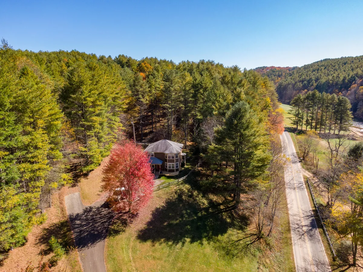 A wide exterior shot features the house set against a backdrop of vibrant fall foliage and an expansive forest. The road and yard in the foreground suggest easy access to outdoor activities, nature walks, and seasonal changes, all ideal for guests with pets.