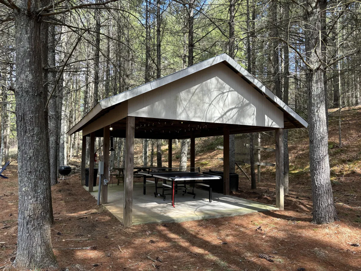 This image showcases a pavilion-style outdoor structure surrounded by trees, with a visible ping pong table set up beneath the cover. The relaxed, open-air setting is ideal for games and social gatherings, with plenty of space for recreational activities mentioned in the section.